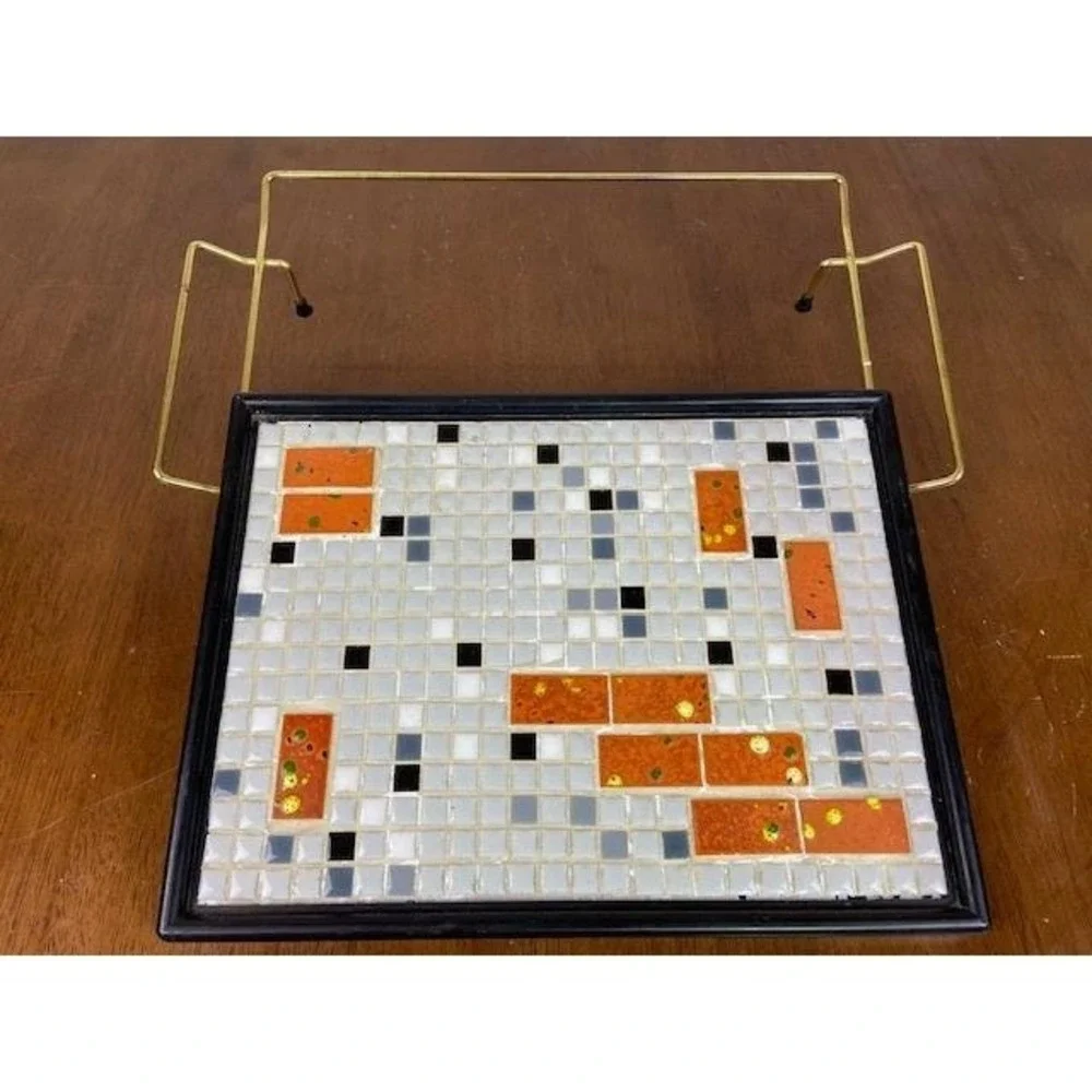 Atomic Orange Mosaic Tile Tray with Gold Wire Stand Vintage Mid Century Modern